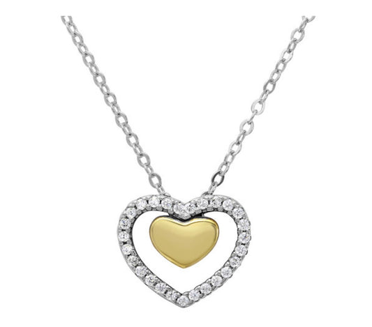 RHODIUM AND GOLD PLATED 15MM FLOATING CZ HEARTS NECKLACE 16" + 2
